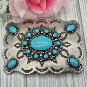 Silver Tone & Faux Turquoise Etched Ladies Western Belt Buckle Cowgirl Statement